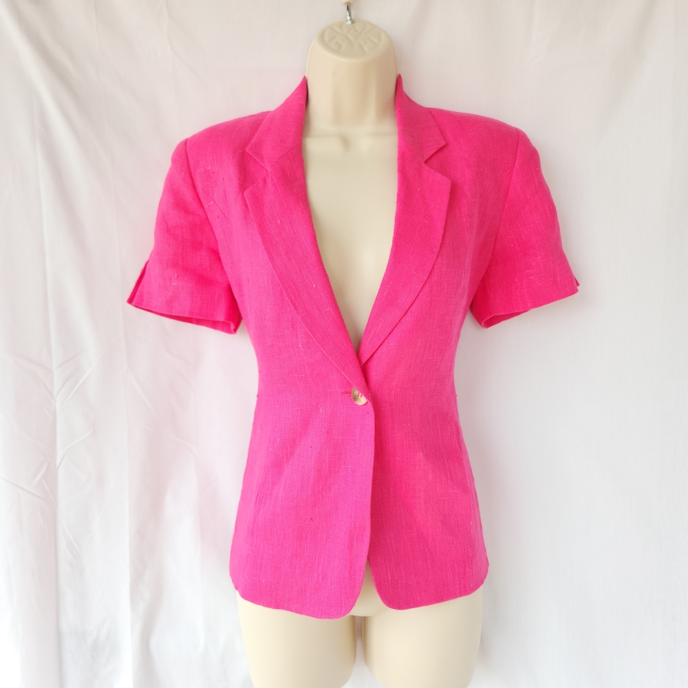 Vintage Y2K 100% Linen Woven Tweed Harve Benard Fuchsia Pink Blazer 1 Button 4P